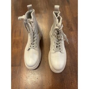 Womens Lace Up Ankle Boots Platform Lug Sole Beige Combat Booties